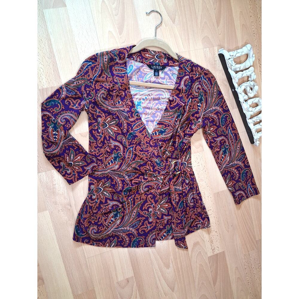 Lauren Ralph Lauren Woman Blouse Paisley Faux Wrap Pullover Jersey Top M